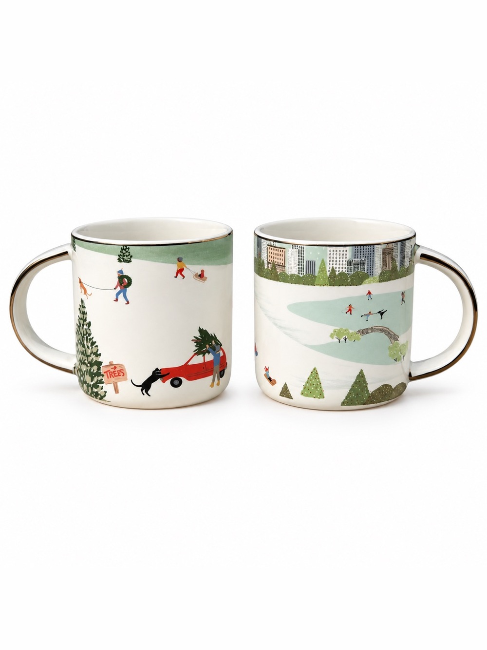 West Elm x Nicole Cicak Winter Activities Christmas Mugs Set of 2 Holiday 4” MCM